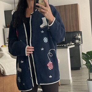 Cherokee Navy Blue Cardigan with Festive Motifs - fits like a size medium-large